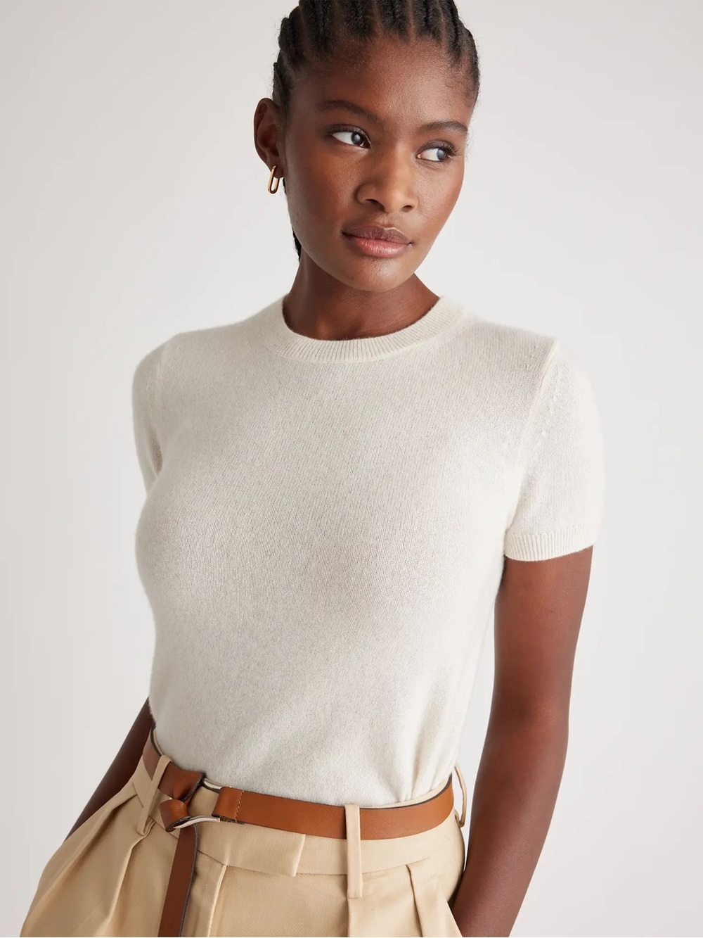 Quince 100% Mongolian Cashmere Cream Short-Sleeve Crewneck Sweater